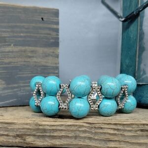Double Strand Turquoise Beaded Bracelet with Silver Accents